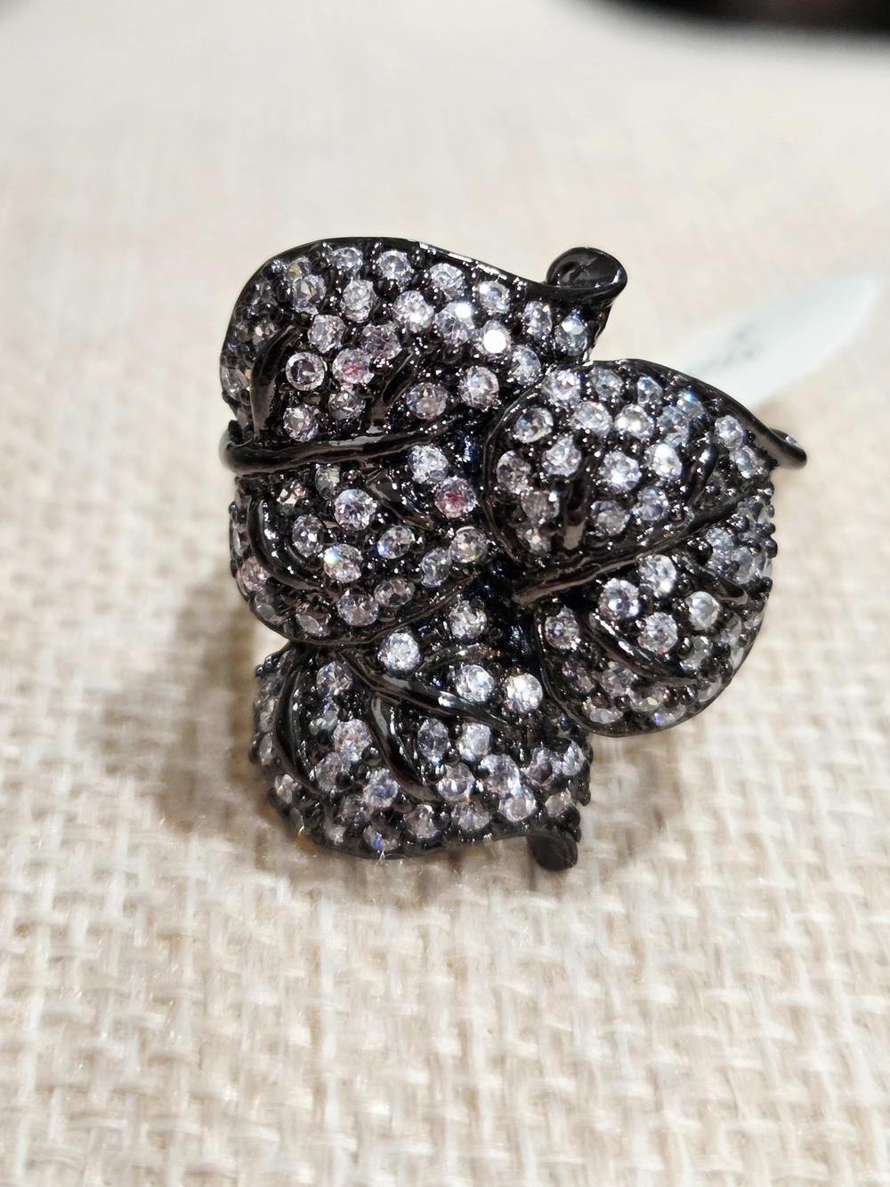 Black Pave Crystal Floral Statement Ring - Women Jewelry~ Size 8
